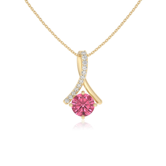lab grown pink-tourmaline round solitaire necklaces in yellow gold