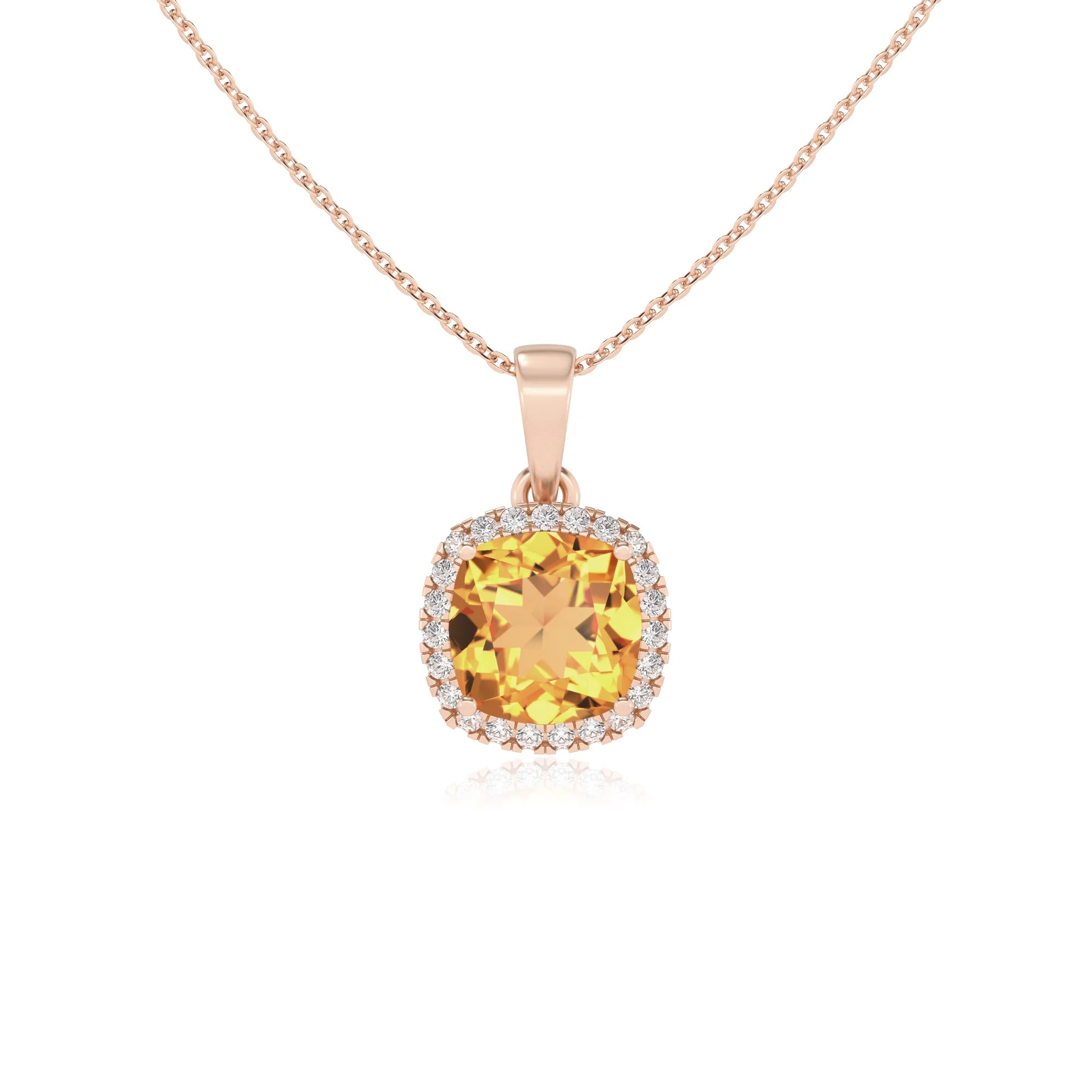 lab grown citrine cushion solitaire necklaces in rose gold