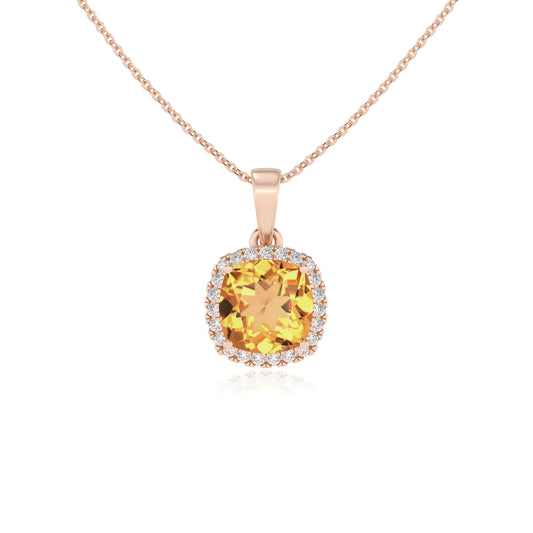 lab grown citrine cushion solitaire necklaces in rose gold