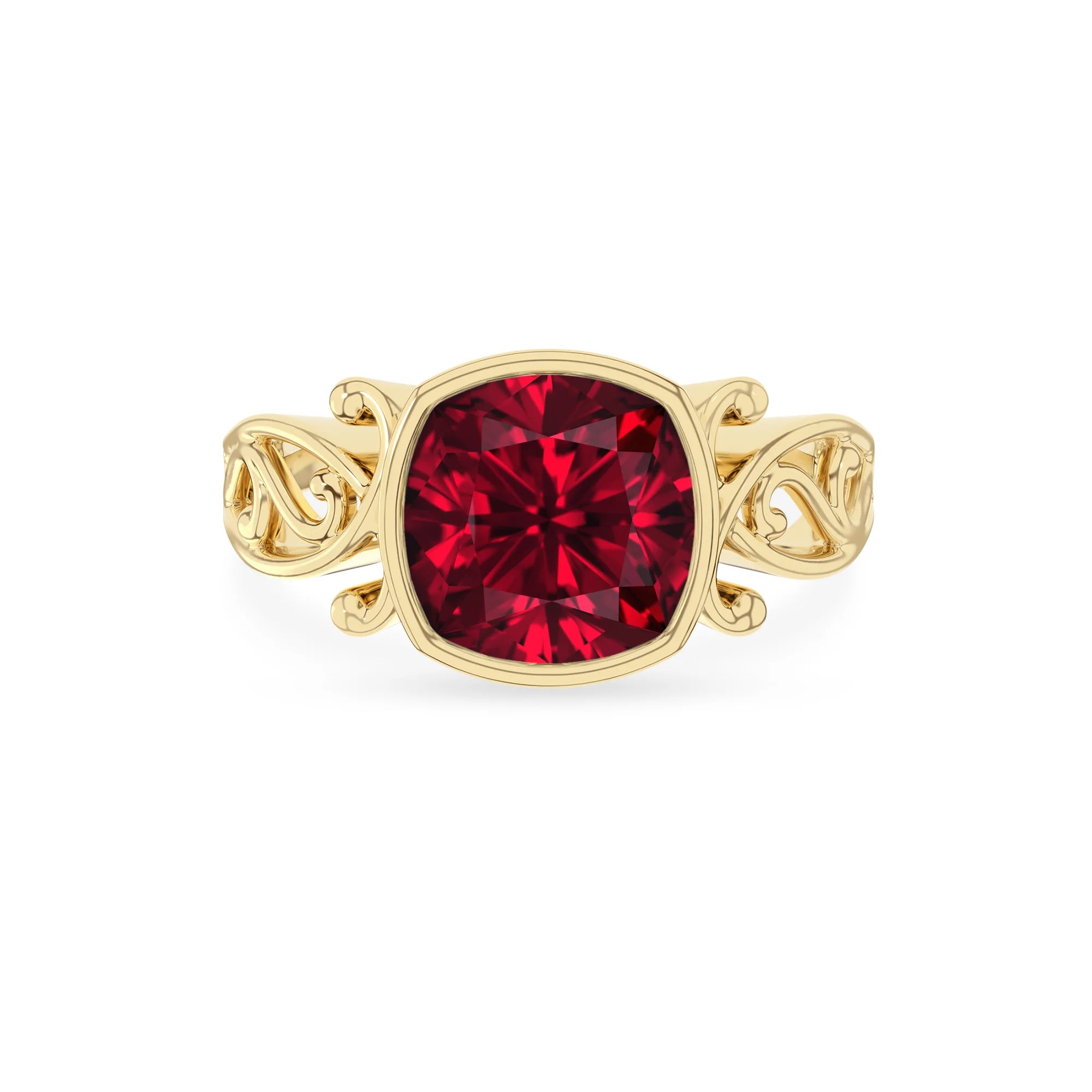 lab grown ruby cushion solitaire rings in yellow gold