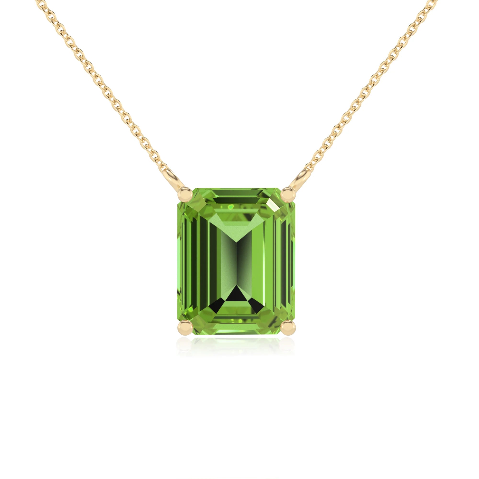 natural peridot emerald cut solitaire necklaces in yellow gold