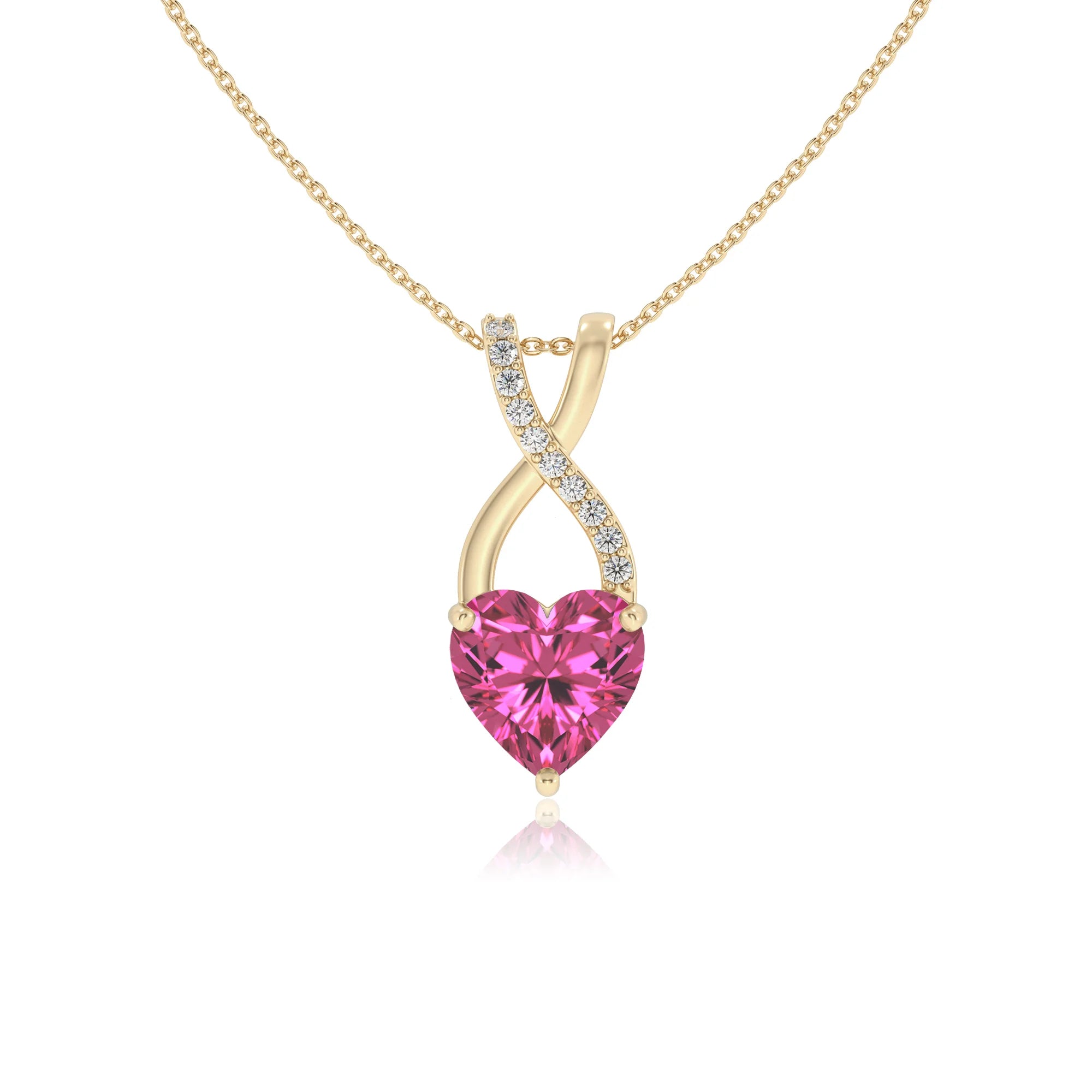 lab grown pink-sapphire heart solitaire necklaces in yellow gold