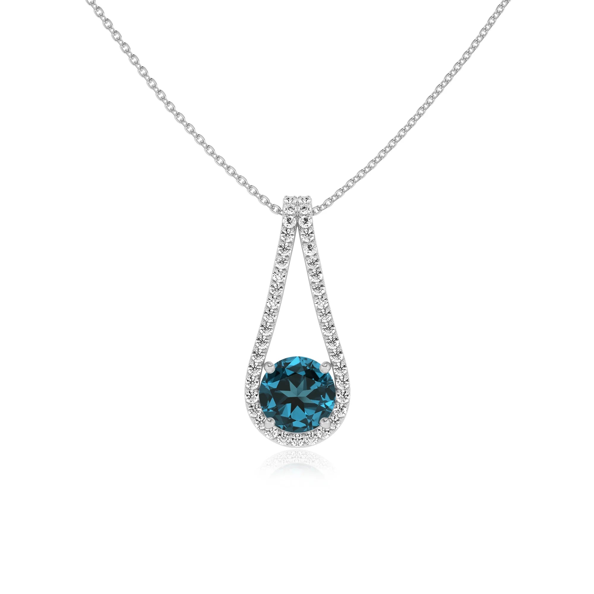 natural london-blue-topaz round solitaire v-bale necklaces in white gold