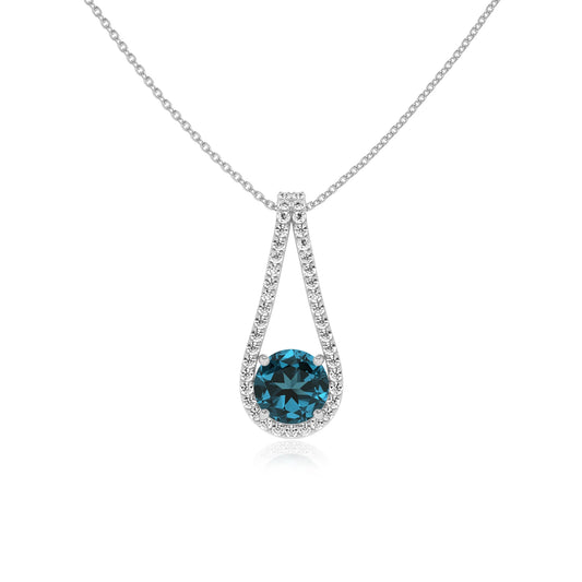 natural london-blue-topaz round solitaire v-bale necklaces in white gold