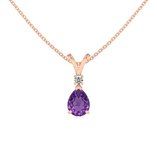 lab grown amethyst pear solitaire v-bale necklaces in rose gold
