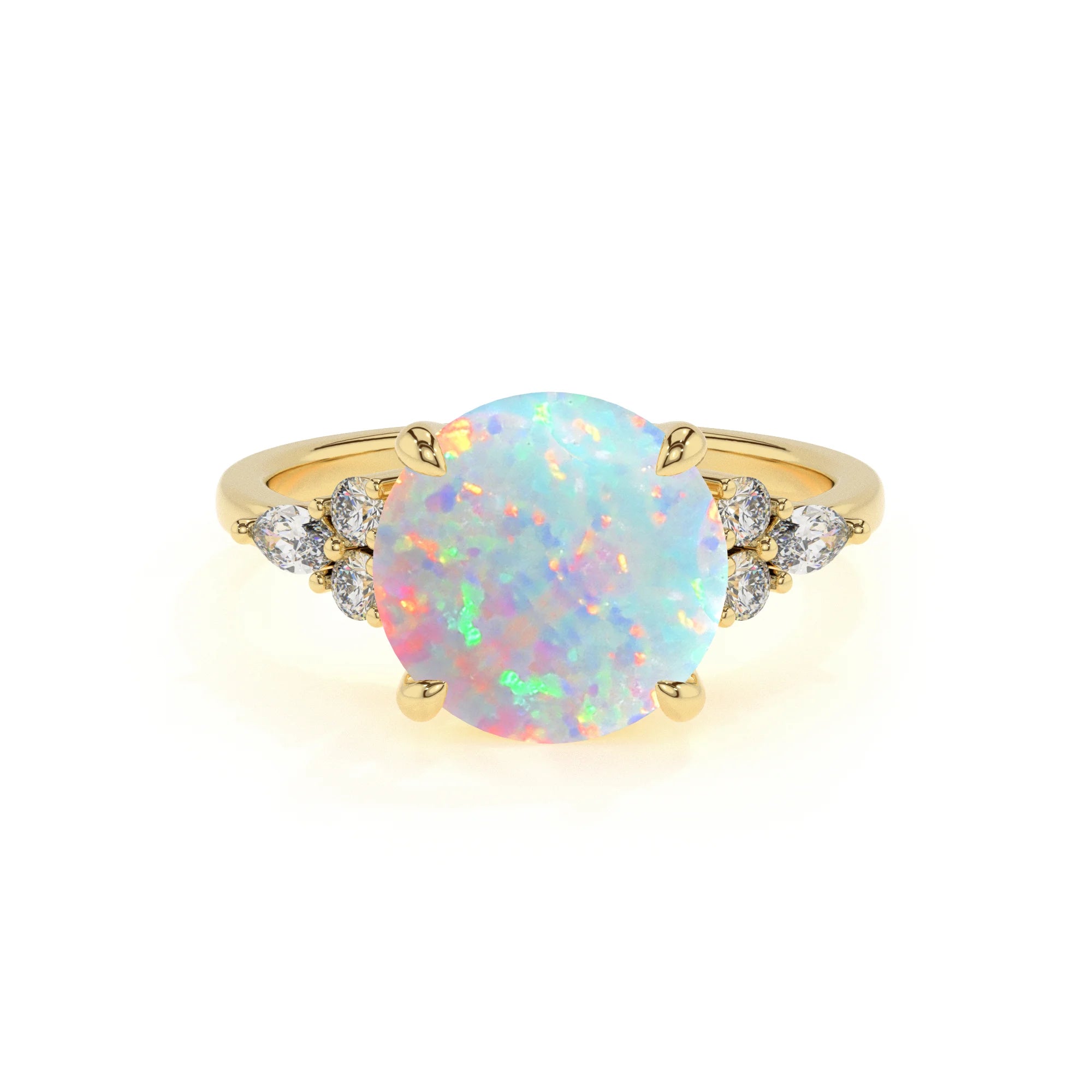 lab grown opal round solitaire rings in yellow gold