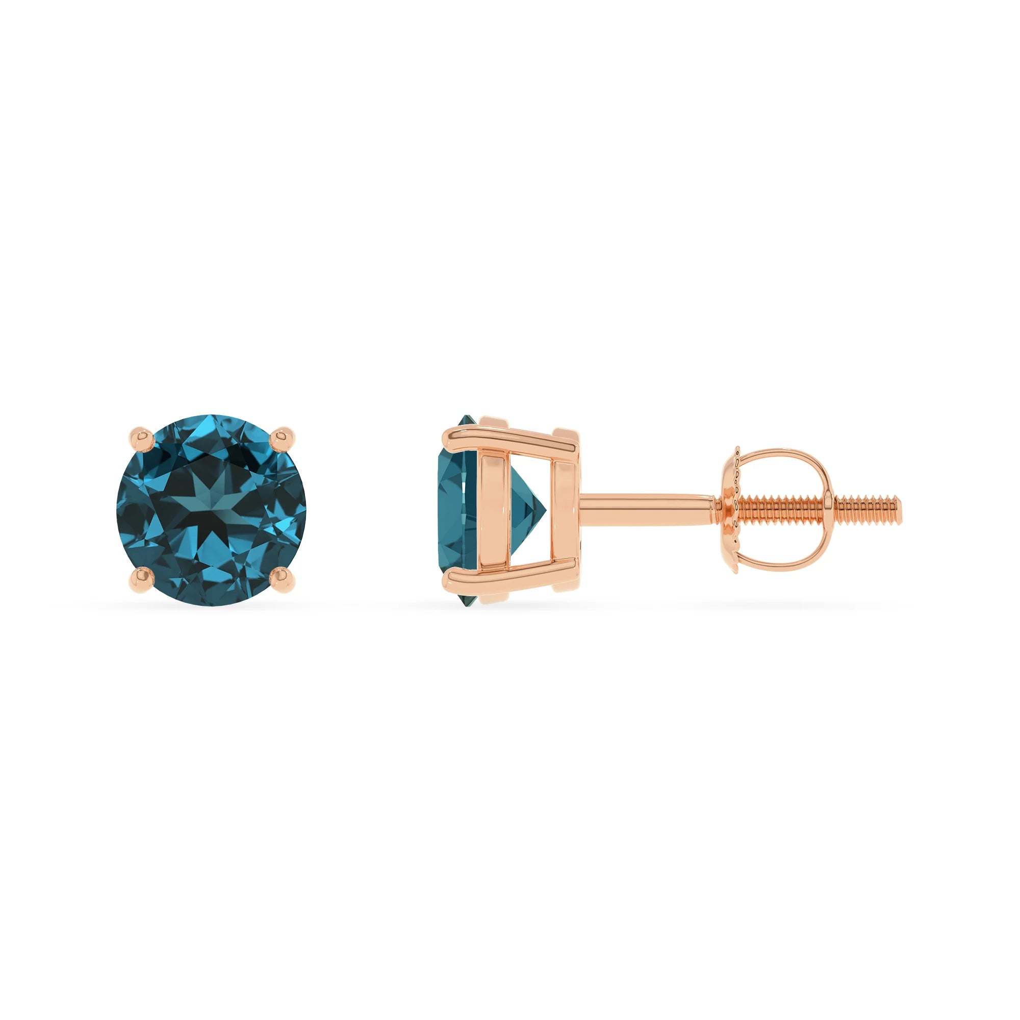 natural london blue topaz round stud earrings in rose gold