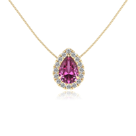 lab grown pink sapphire pear solitaire necklaces in yellow gold