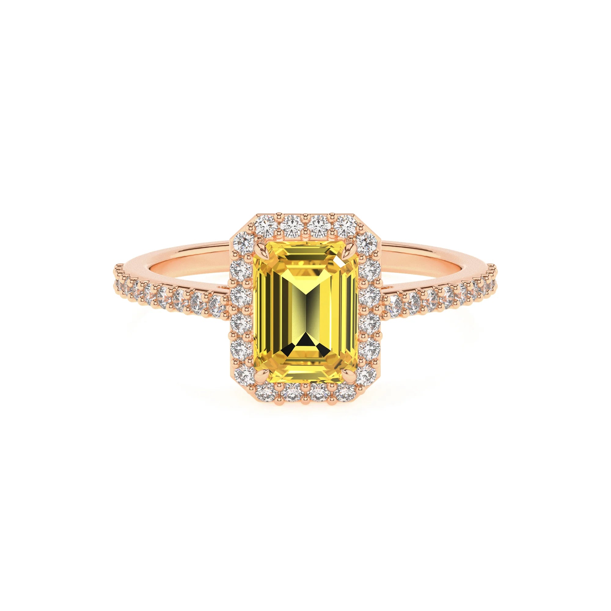 lab grown yellow-sapphire emerald cut solitaire rings in rose gold
