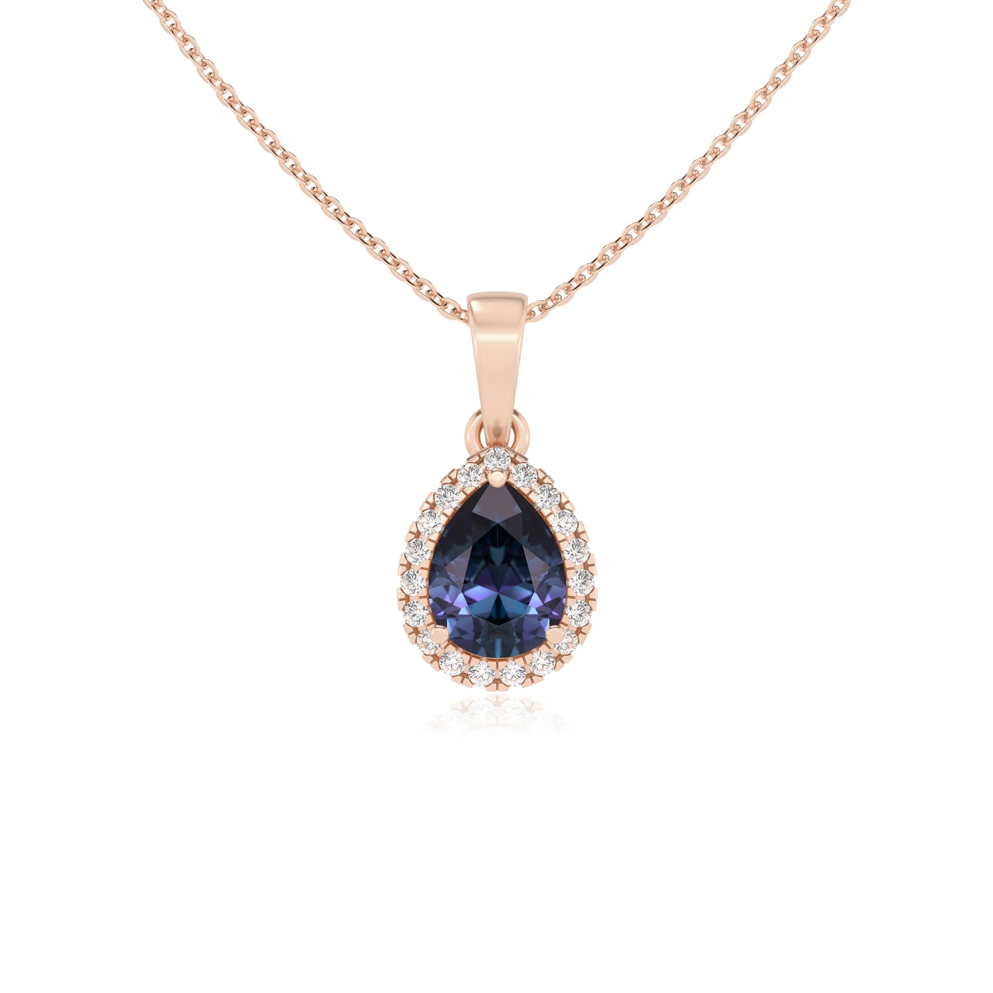 lab grown alexandrite pear solitaire necklaces in rose gold