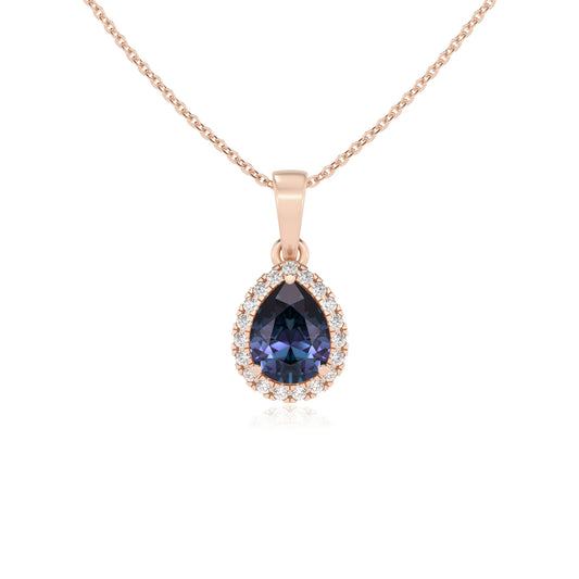 lab grown alexandrite pear solitaire necklaces in rose gold