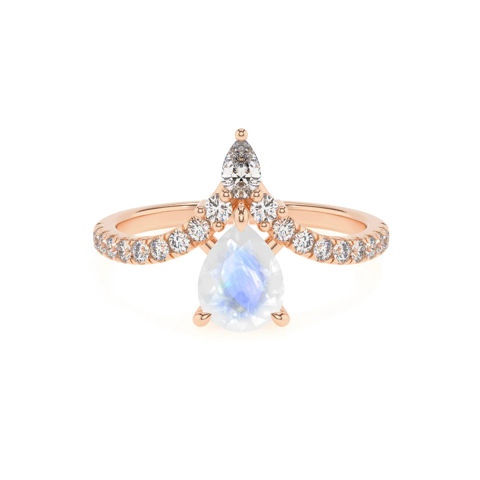 natural rainbow-moonstone pear solitaire rings in rose gold