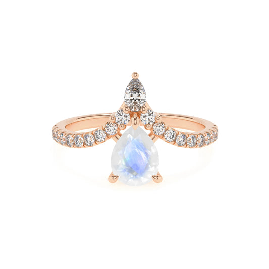 natural rainbow-moonstone pear solitaire rings in rose gold