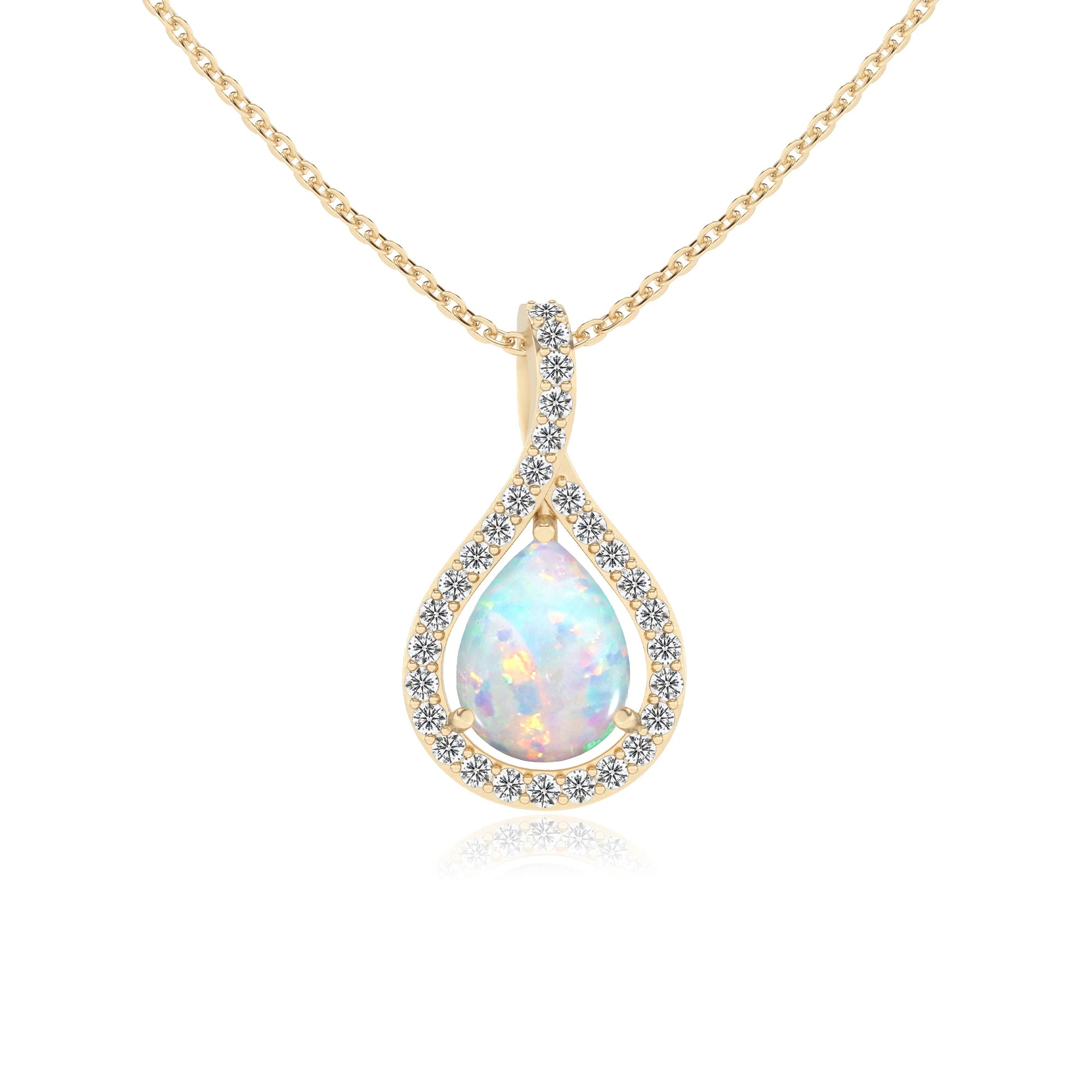 lab grown opal pear solitaire necklaces in yellow gold
