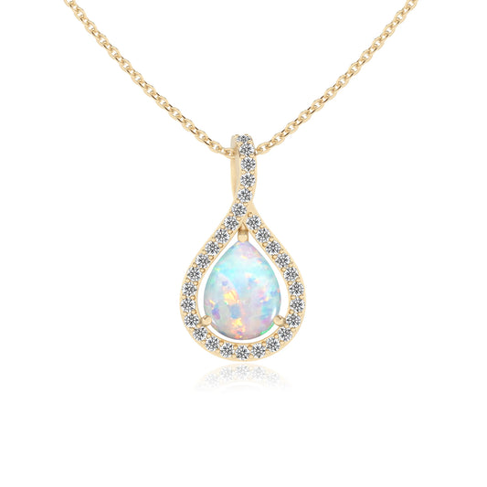 lab grown opal pear solitaire necklaces in yellow gold