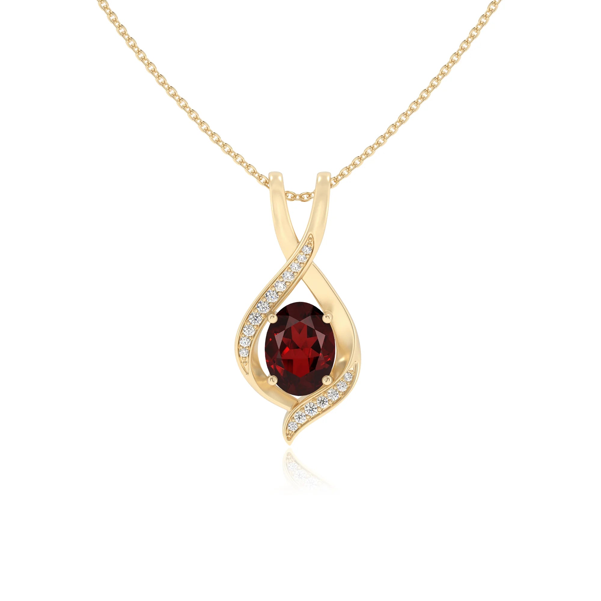 natural garnet oval solitaire necklaces in yellow gold