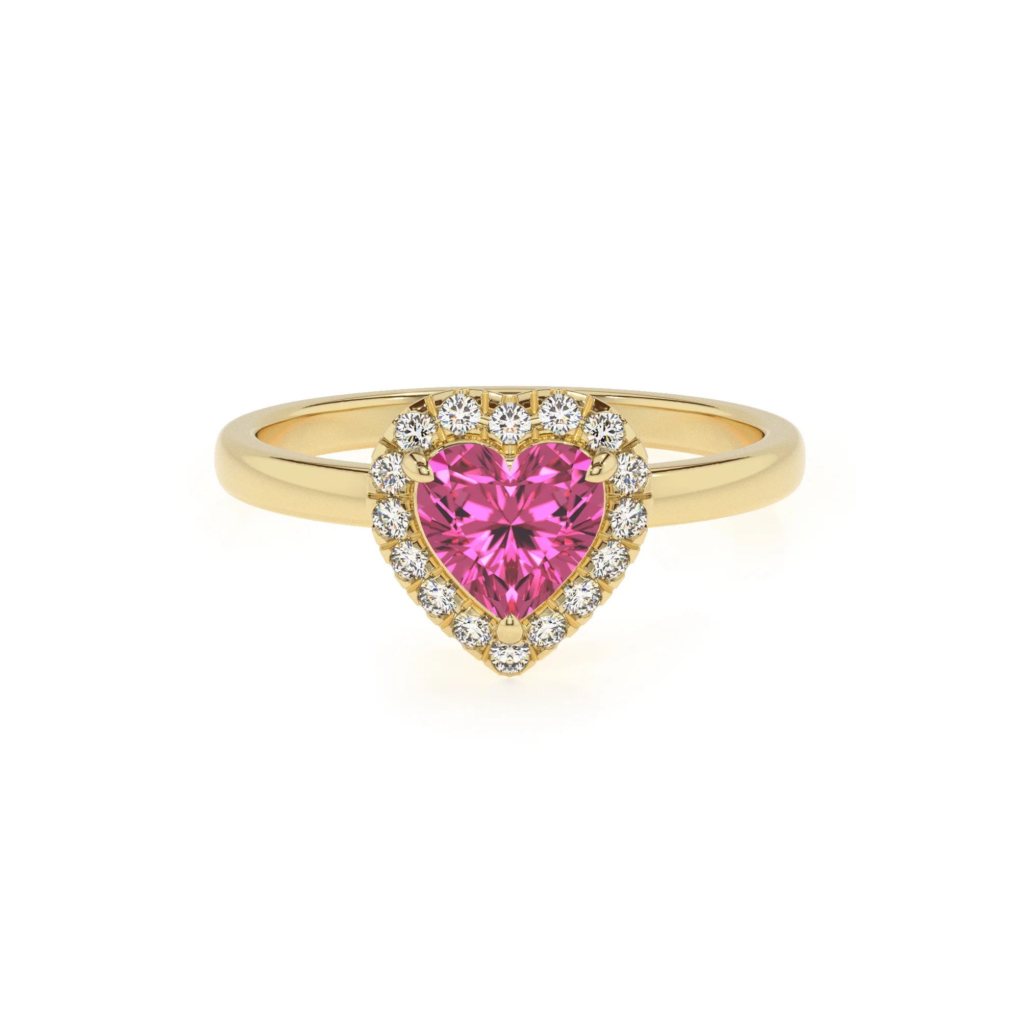 lab grown pink-sapphire heart solitaire rings in yellow gold
