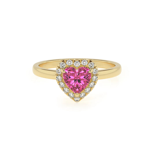 lab grown pink-sapphire heart solitaire rings in yellow gold