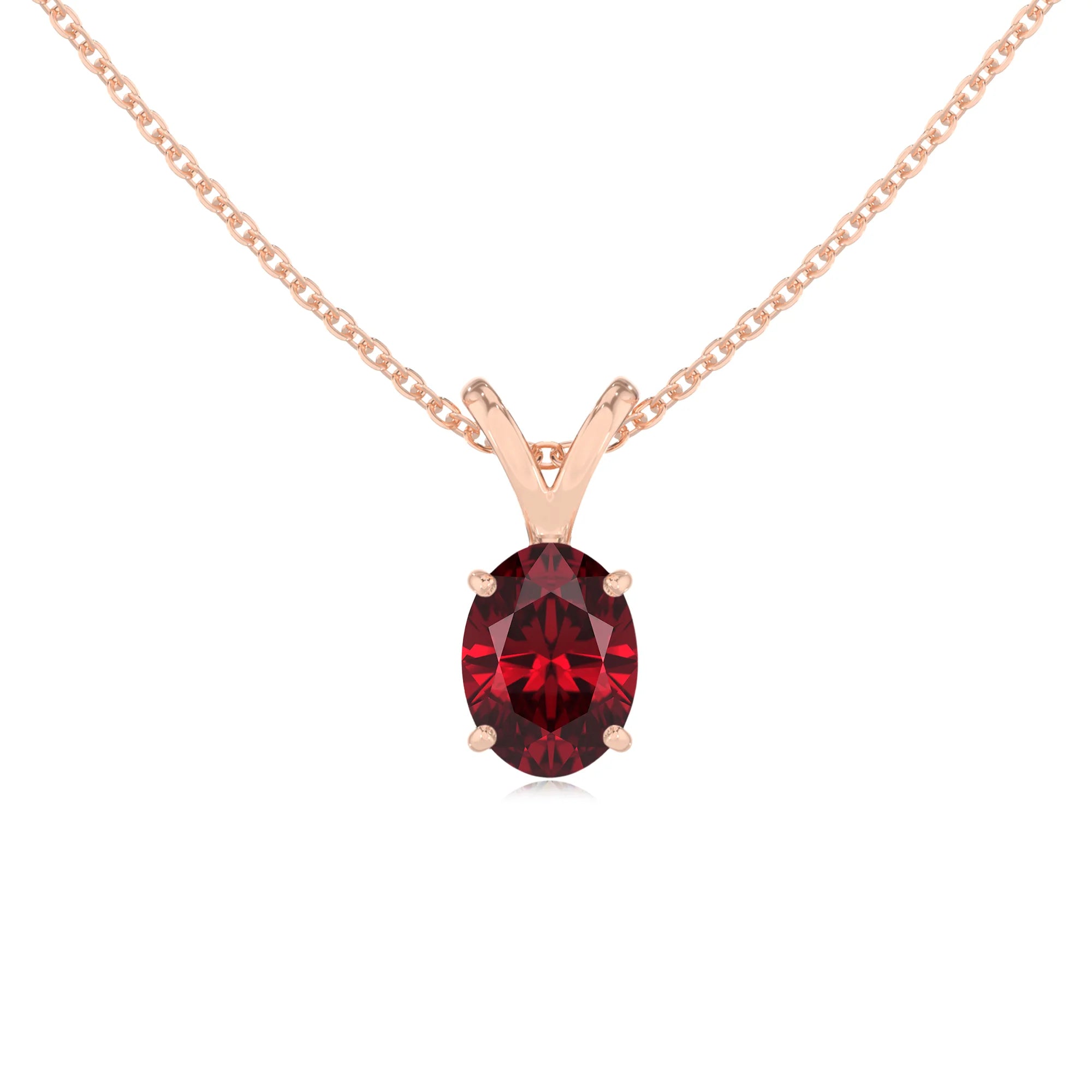 lab grown ruby oval solitaire v-bale necklaces in yellow gold