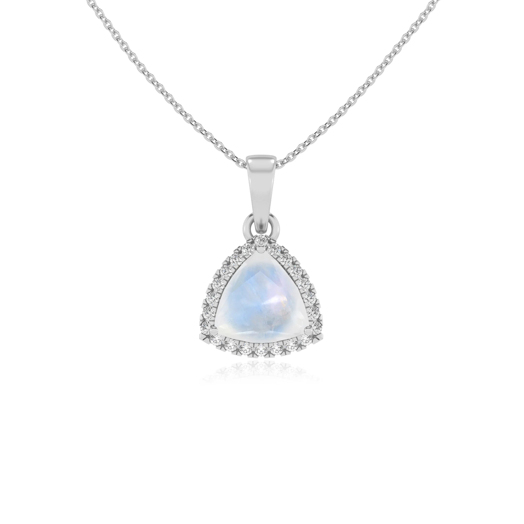 natural rainbow-moonstone trillion solitaire necklaces in white gold