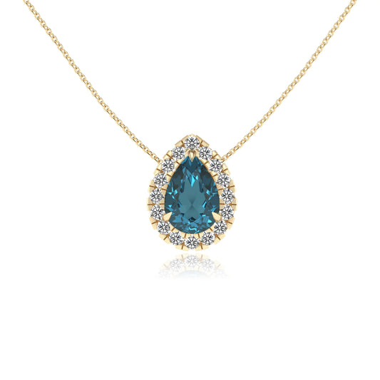 natural london blue topaz pear solitaire necklaces in yellow gold