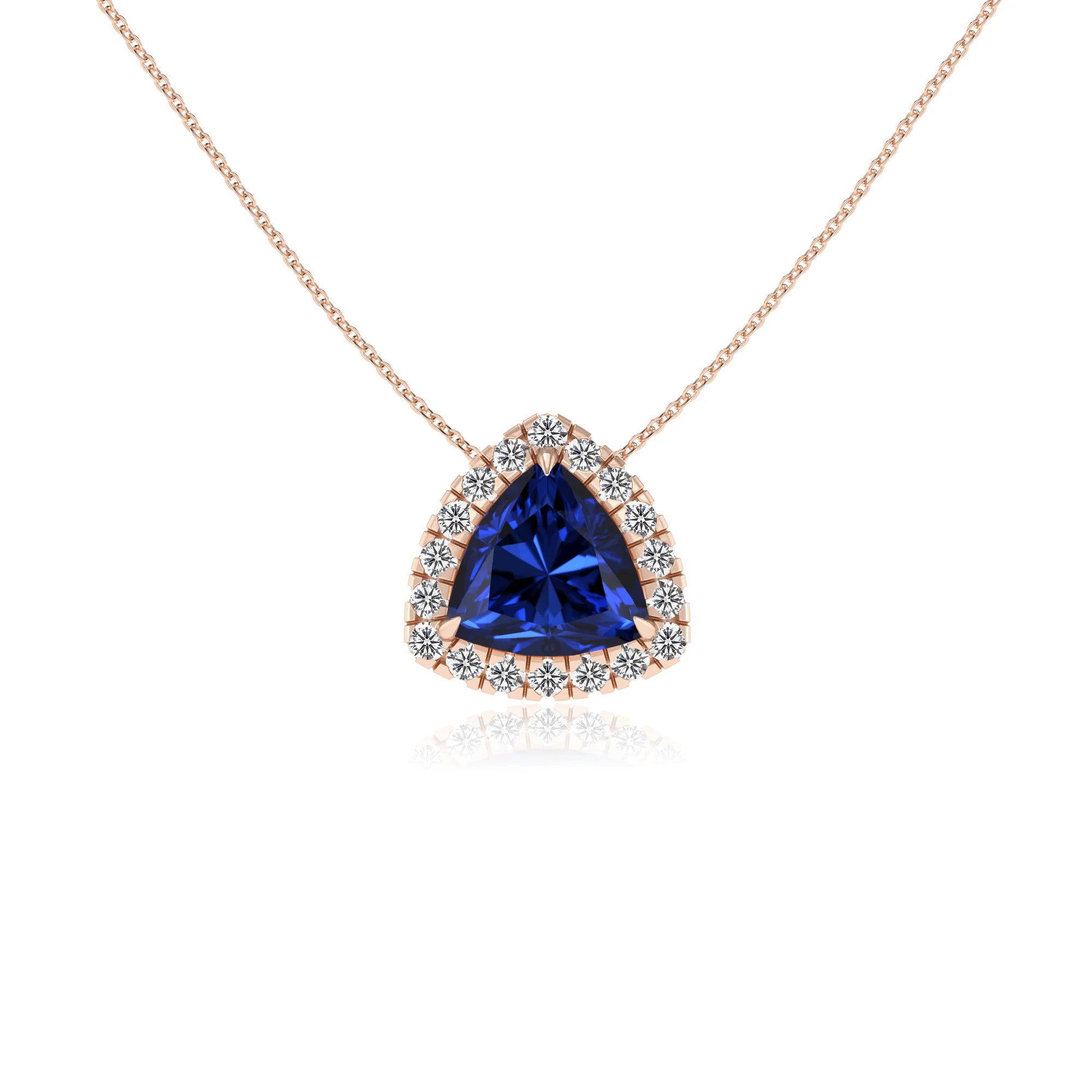 lab grown blue sapphire trillion solitaire necklaces in rose gold