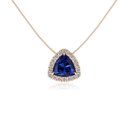 lab grown blue sapphire trillion solitaire necklaces in rose gold