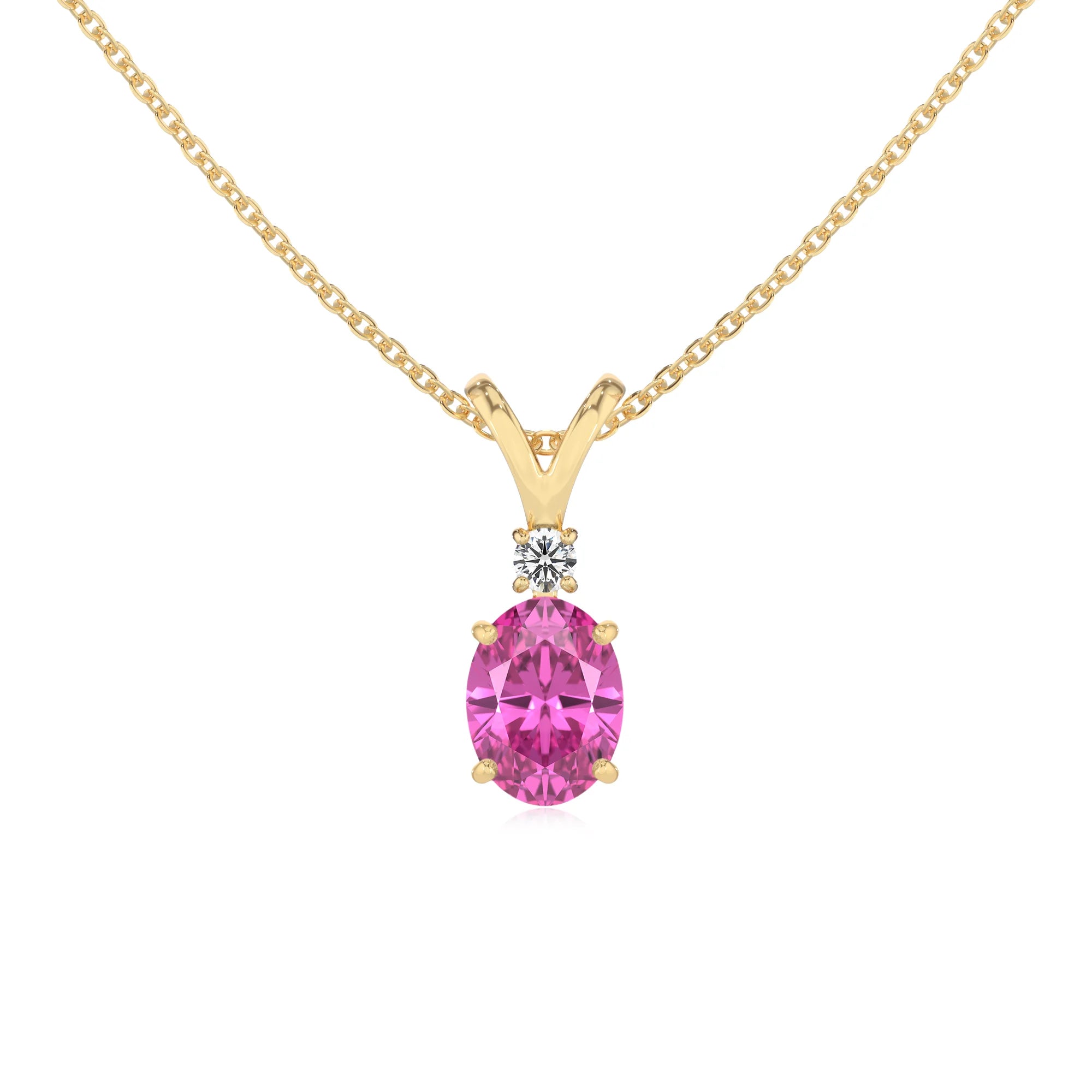 lab grown pink-sapphire oval solitaire v-bale necklaces in yellow gold