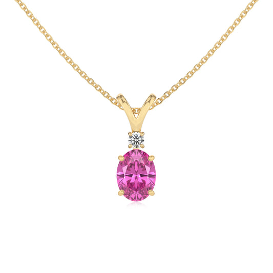 lab grown pink-sapphire oval solitaire v-bale necklaces in yellow gold