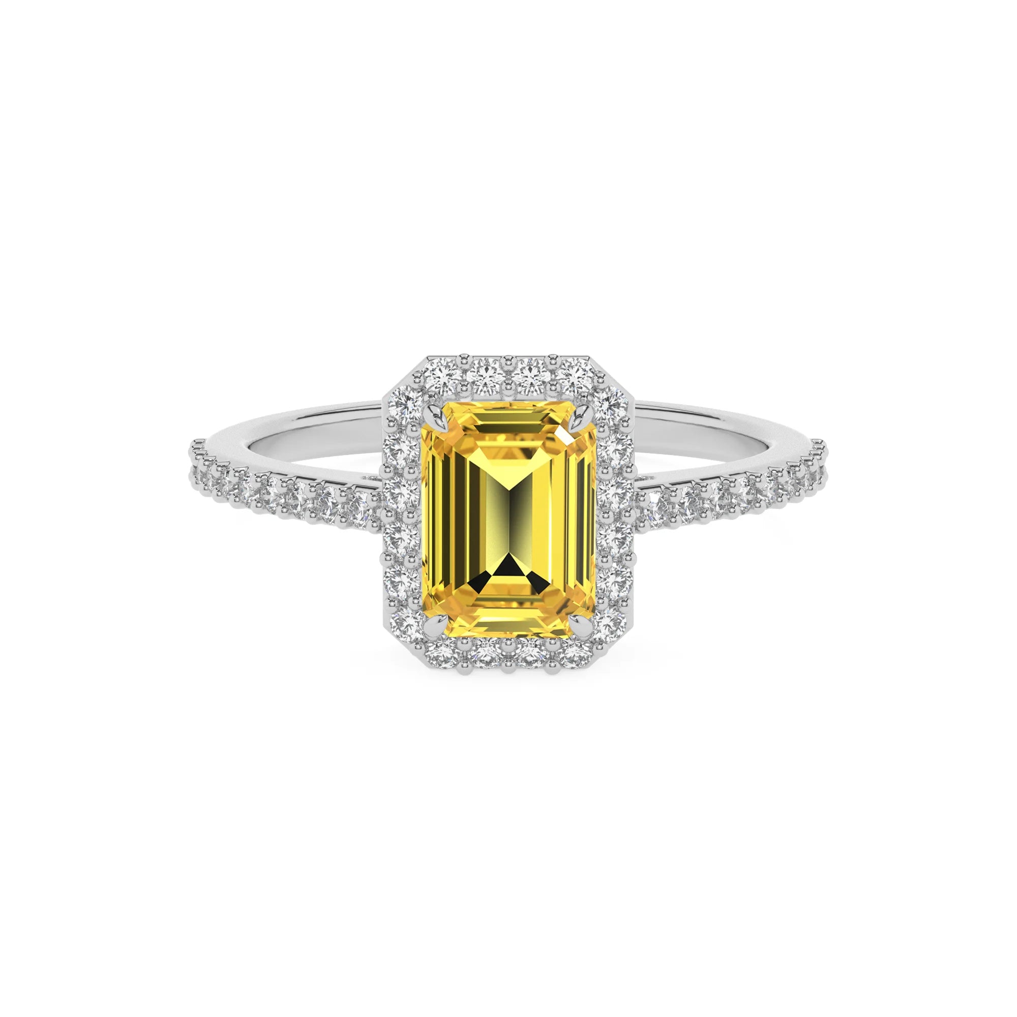 lab grown yellow-sapphire emerald cut solitaire rings in white gold