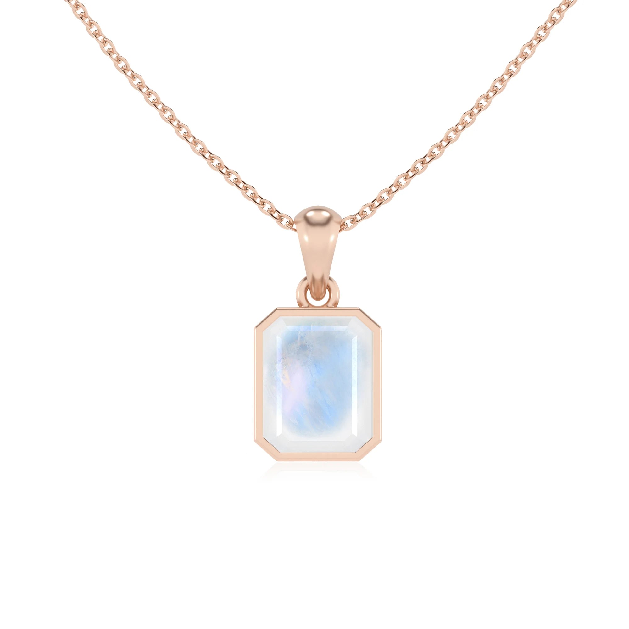 natural rainbow-moonstone emerald cut solitaire necklaces in rose gold