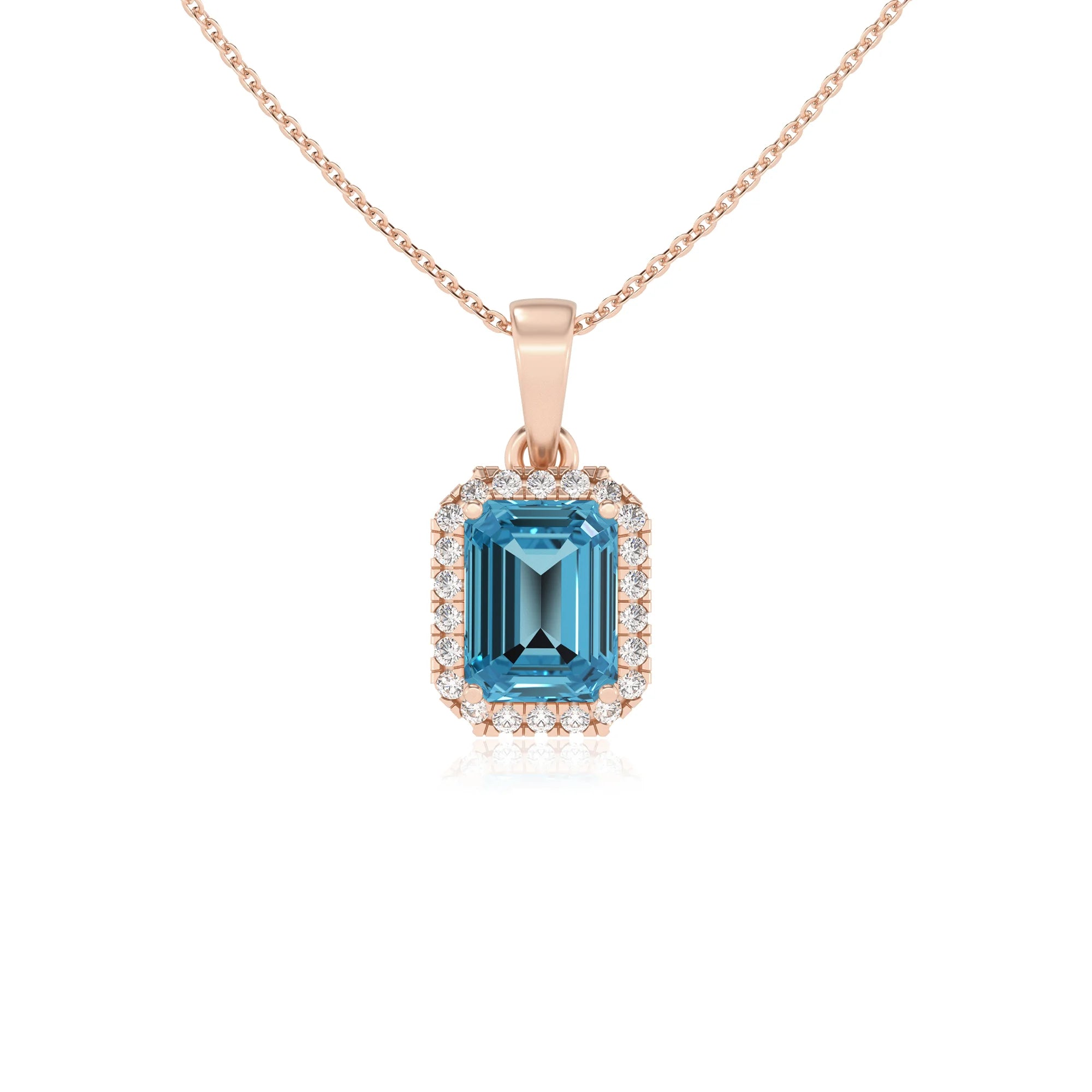natural swiss-blue-topaz emerald cut solitaire necklaces in rose gold