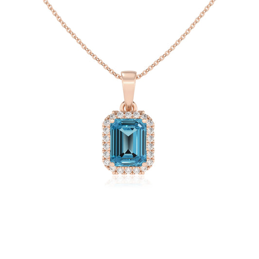natural swiss-blue-topaz emerald cut solitaire necklaces in rose gold