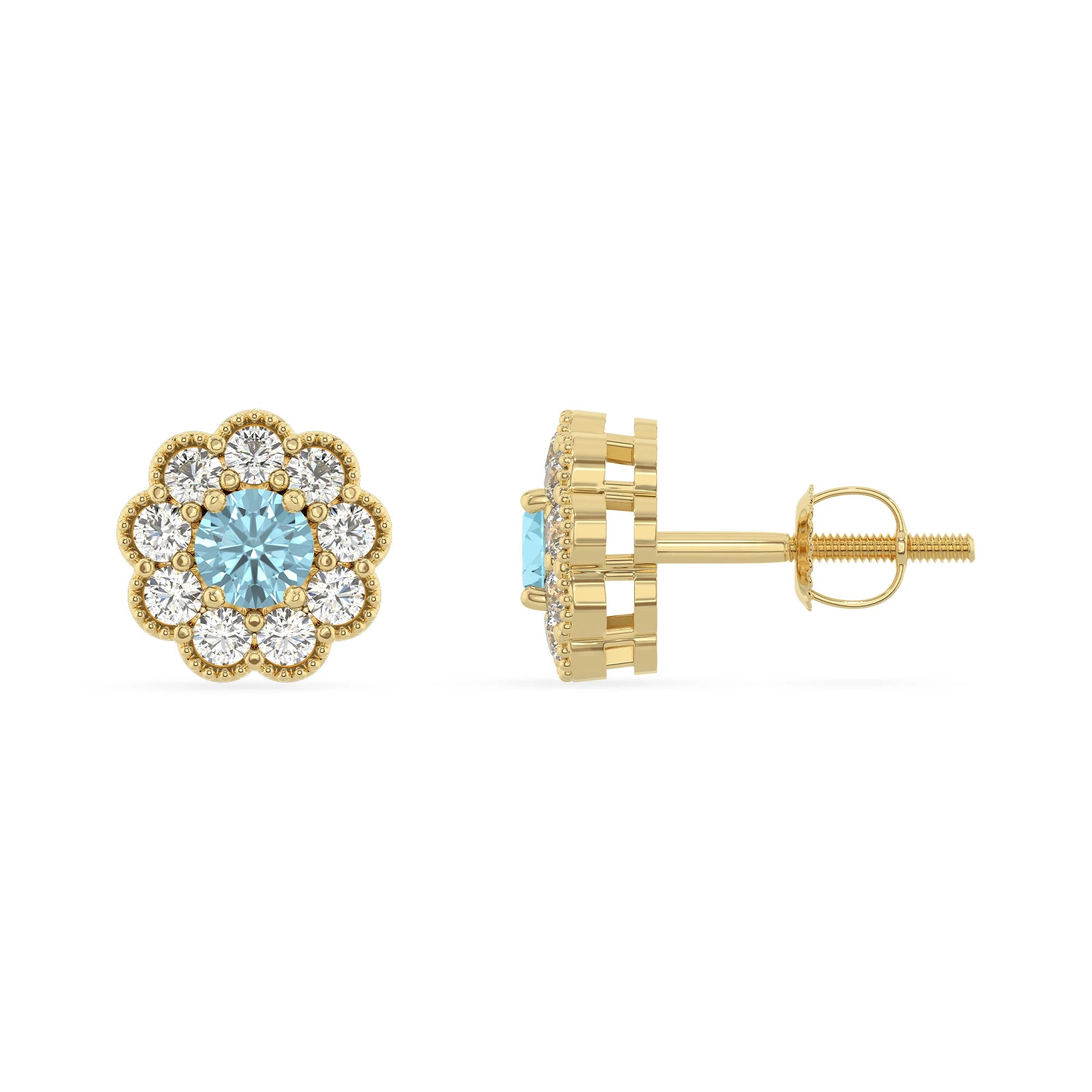 lab grown aquamarine round stud earrings in yellow gold