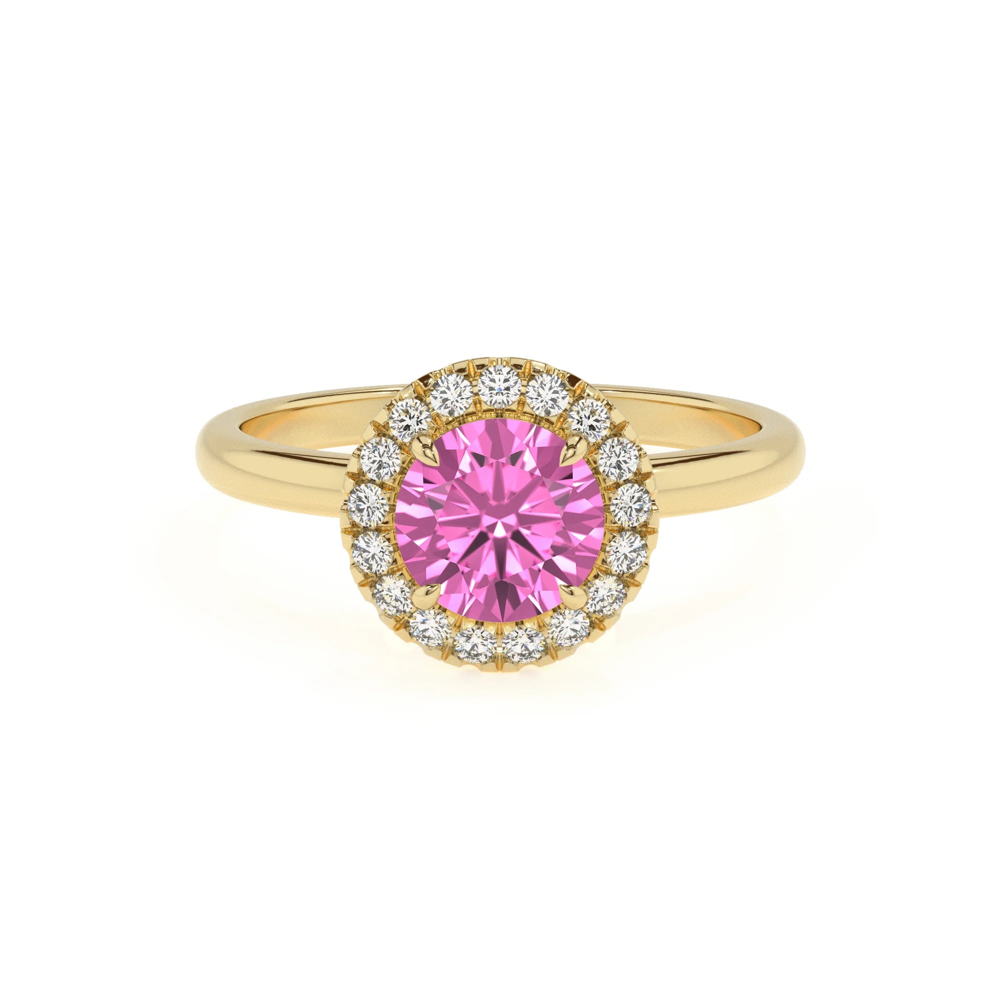 lab grown pink-sapphire round solitaire rings in yellow gold