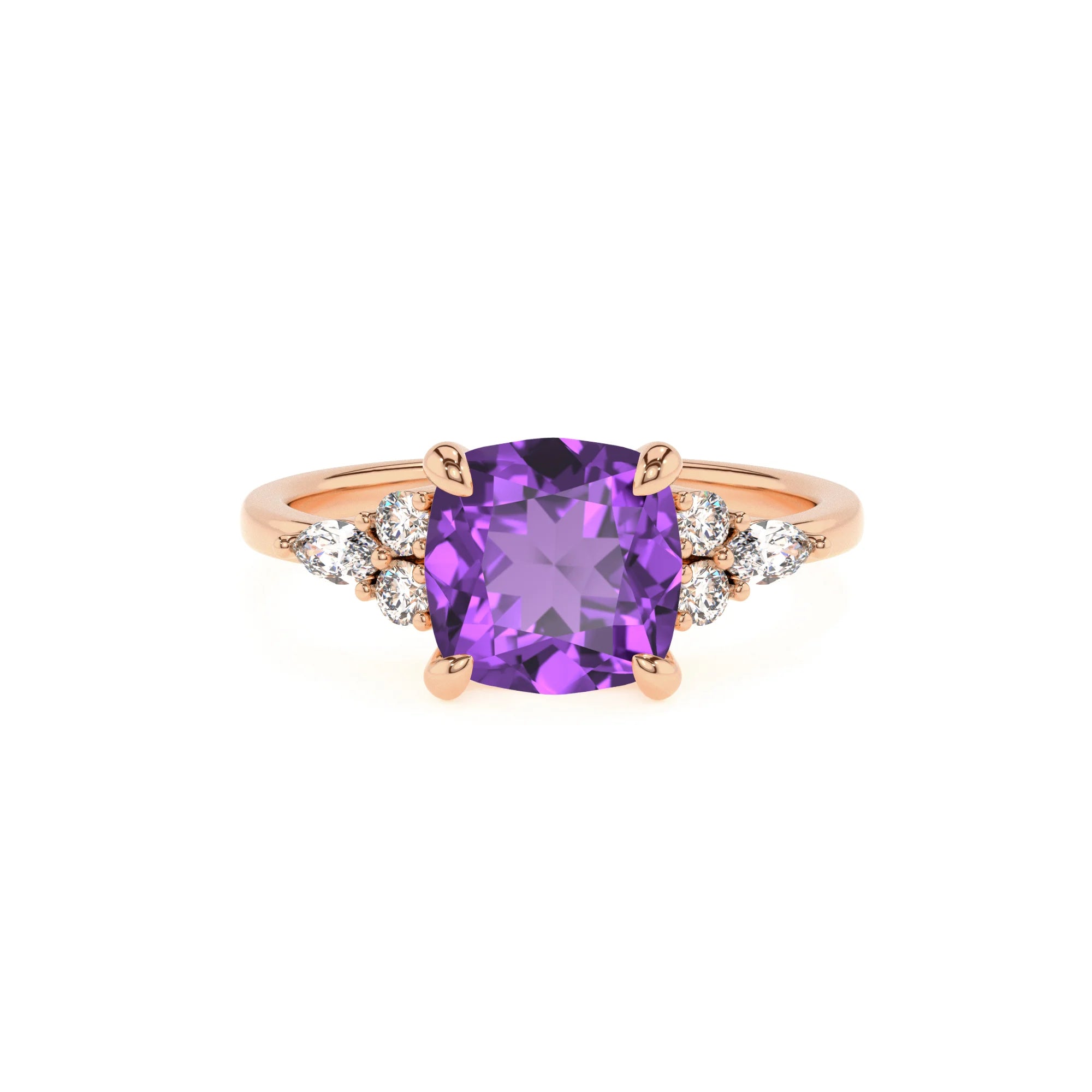 lab grown amethyst cushion solitaire rings in rose gold