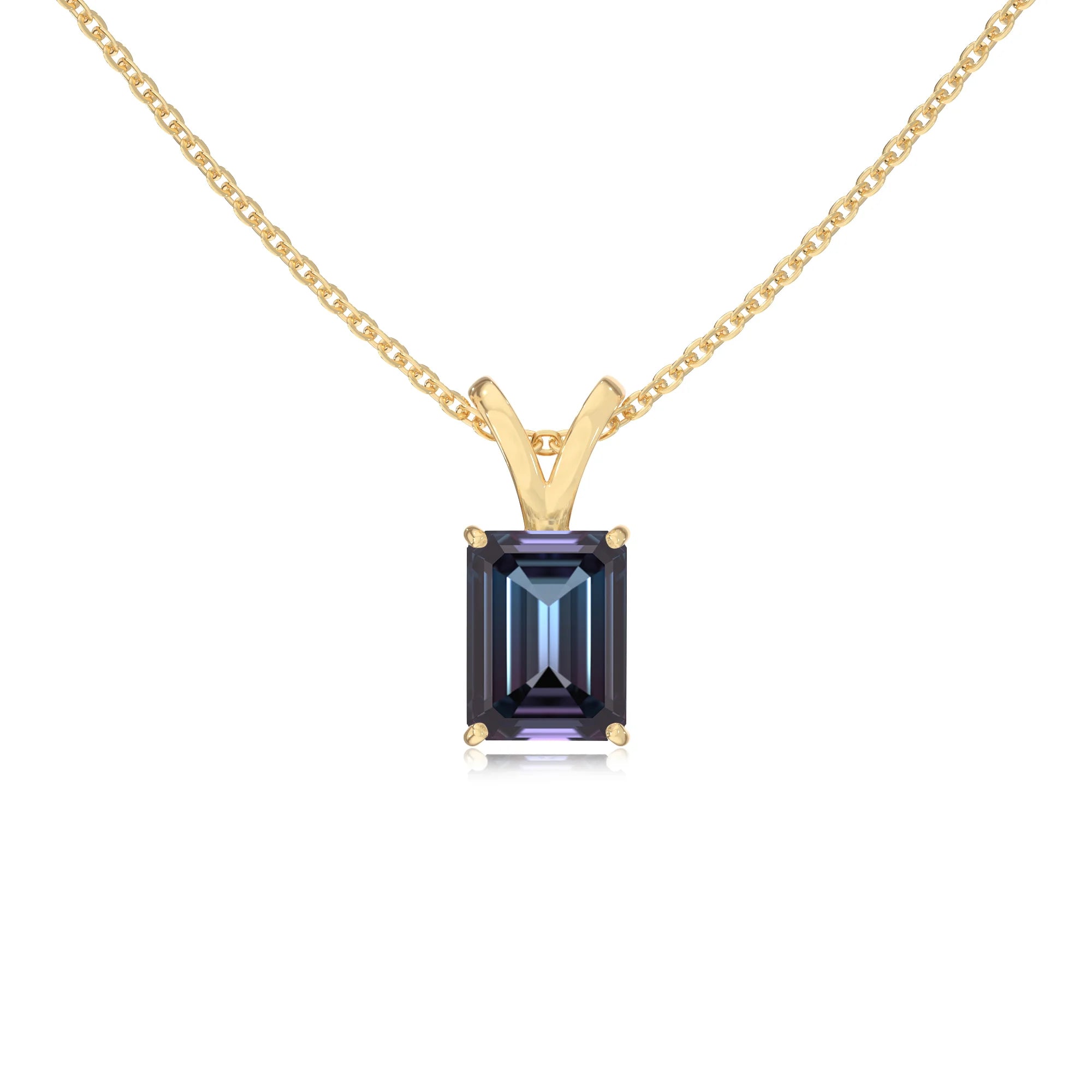 lab grown alexandrite emerald cut solitaire v-bale necklaces in yellow gold