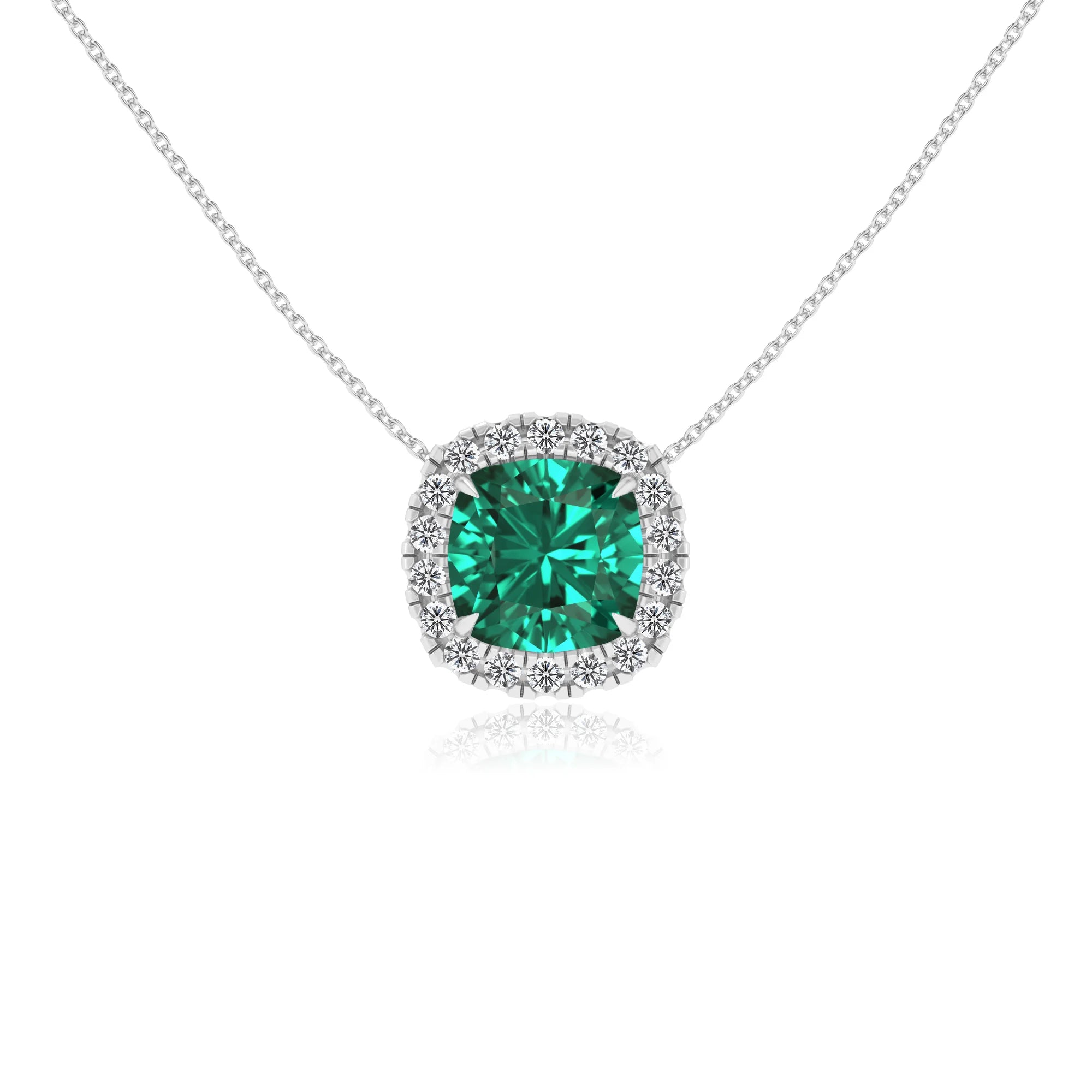 lab grown emerald cushion solitaire necklaces in white gold