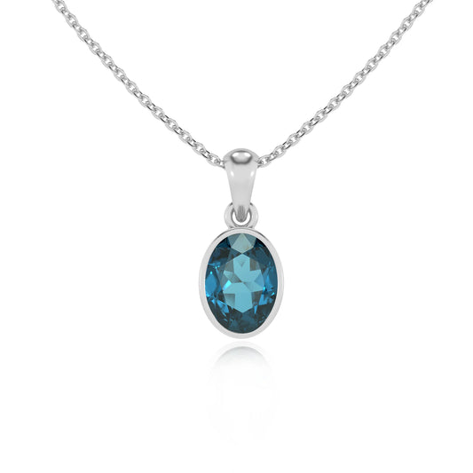 natural london-blue-topaz oval solitaire necklaces in sterling silver