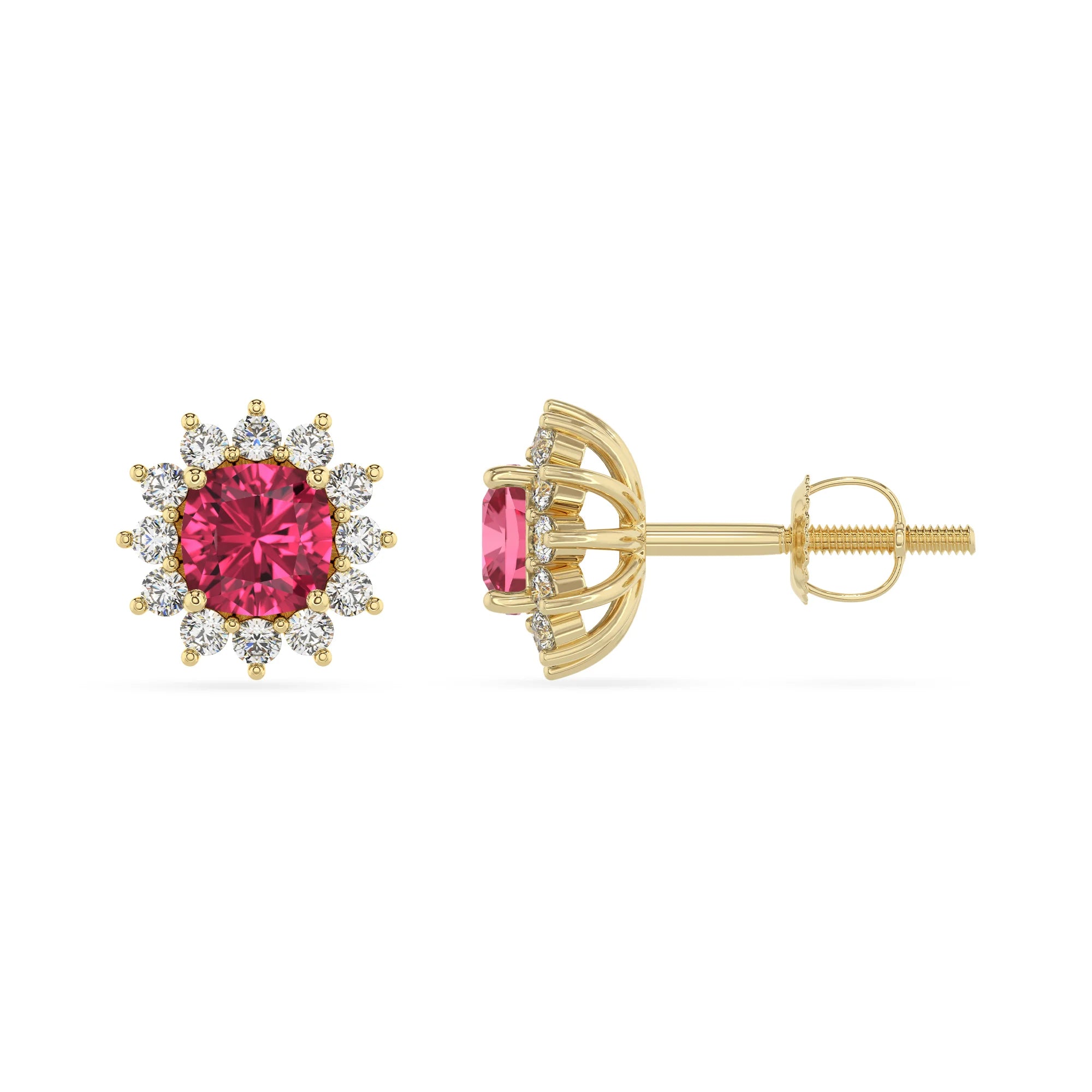 lab grown pink tourmaline cushion stud earrings in yellow gold