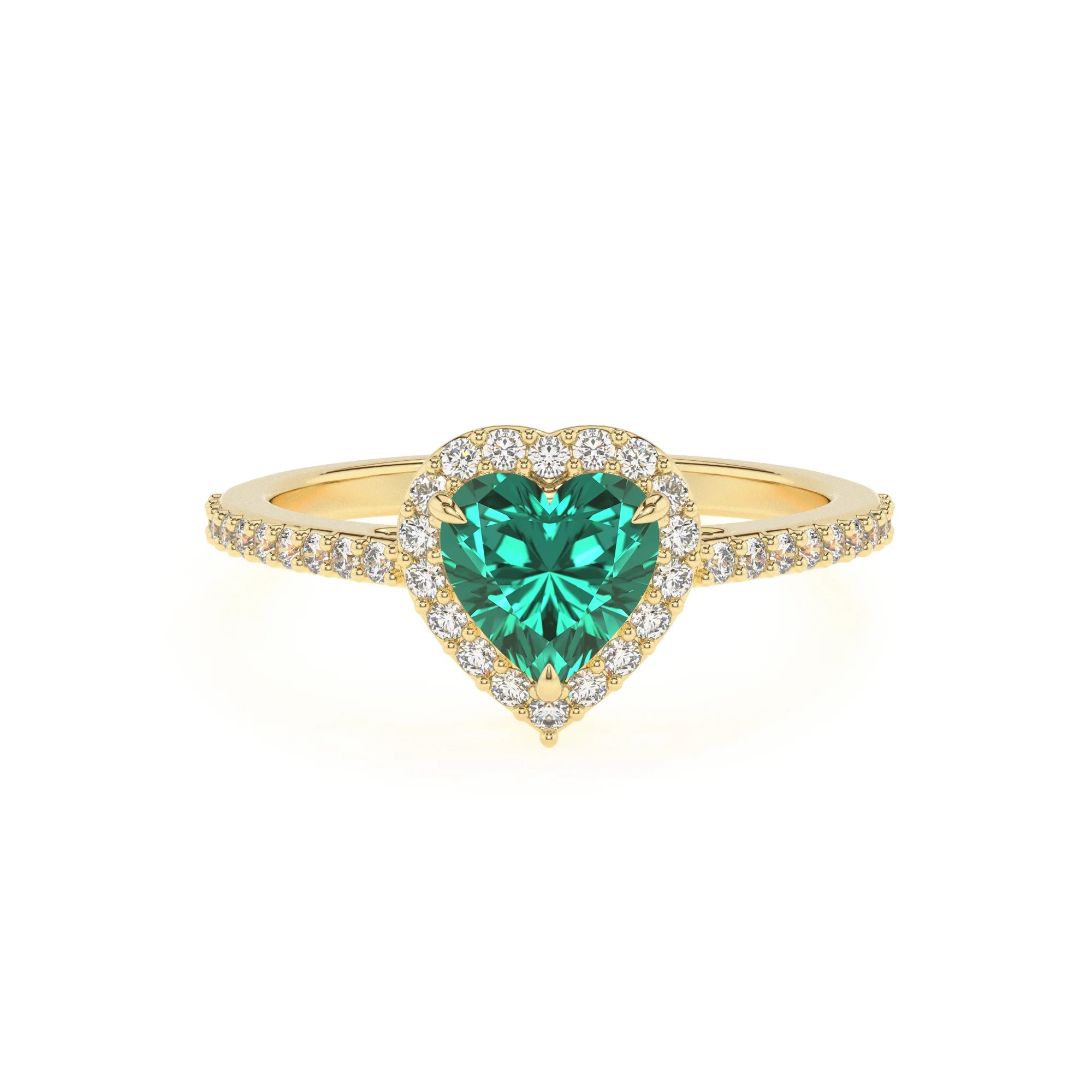 lab grown emerald heart solitaire rings in yellow gold