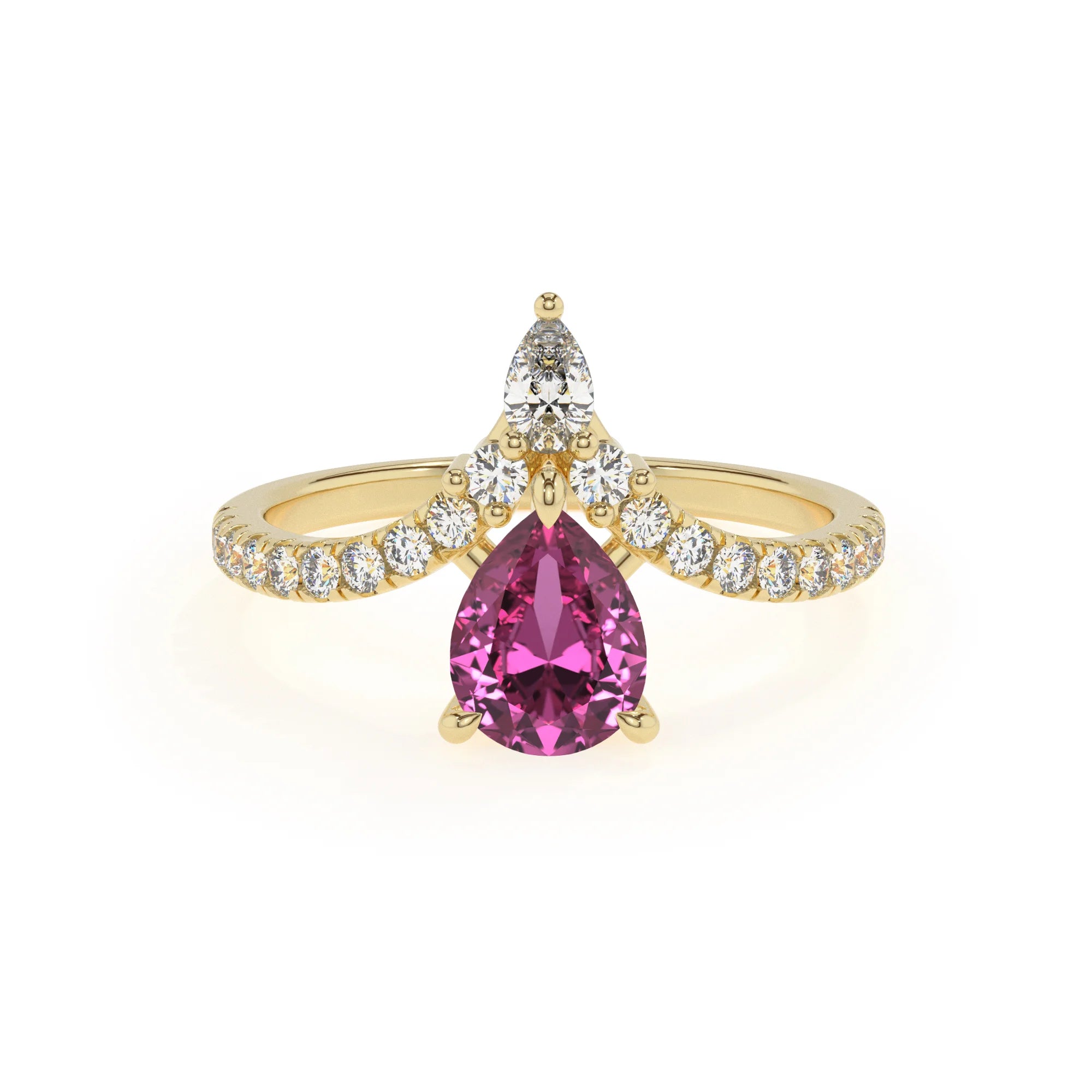 lab grown pink-sapphire pear solitaire rings in yellow gold