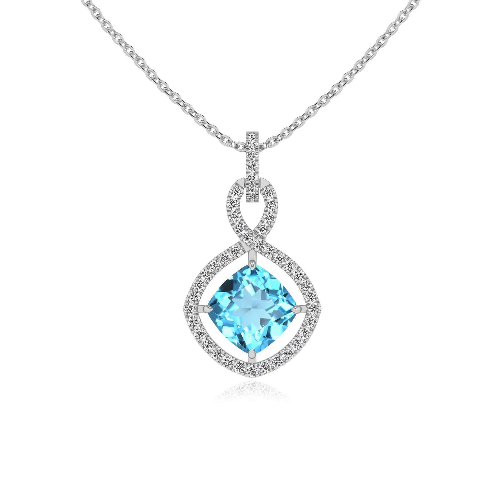 natural swiss-blue-topaz cushion infinity necklaces in platinum
