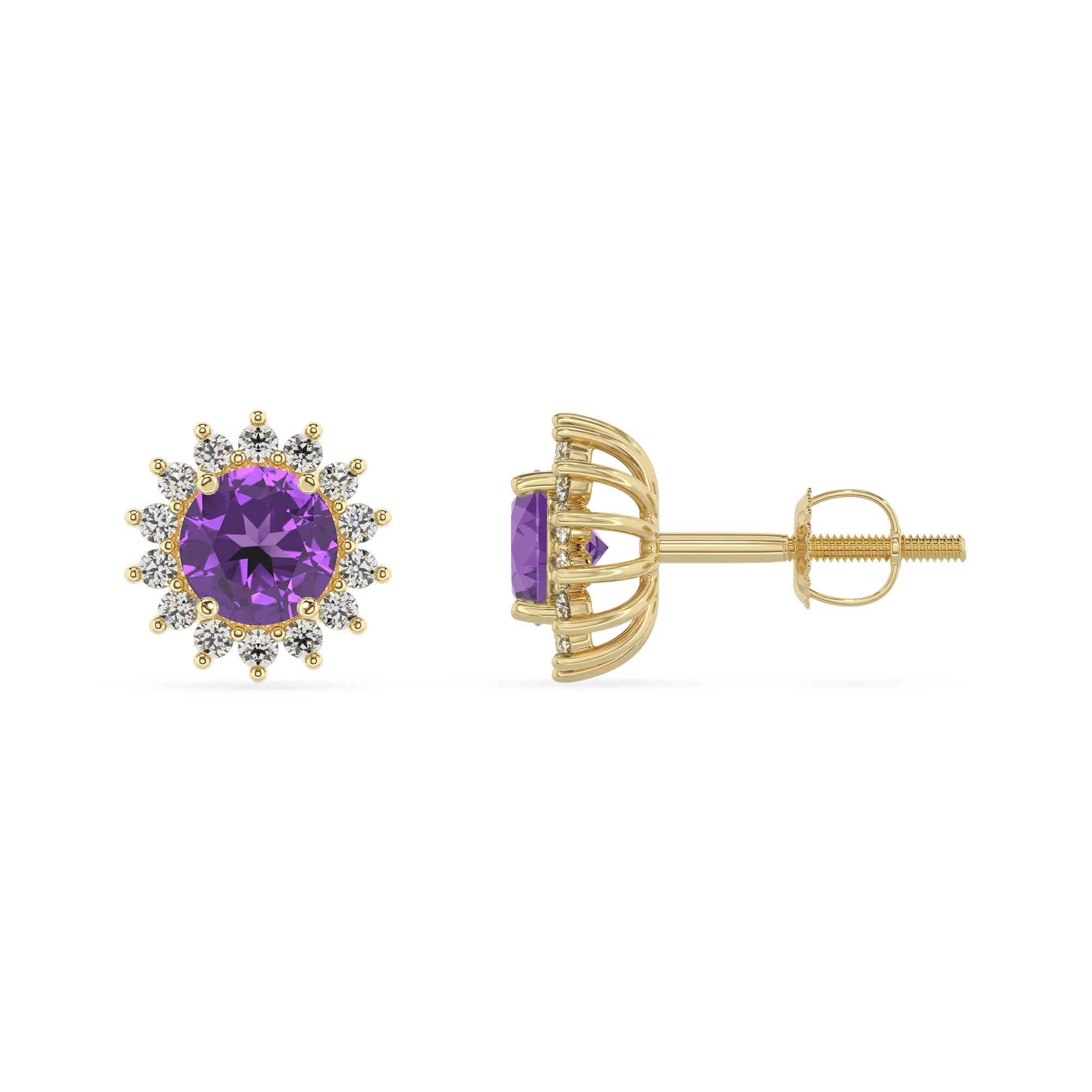 lab grown amethyst round stud earrings in yellow gold