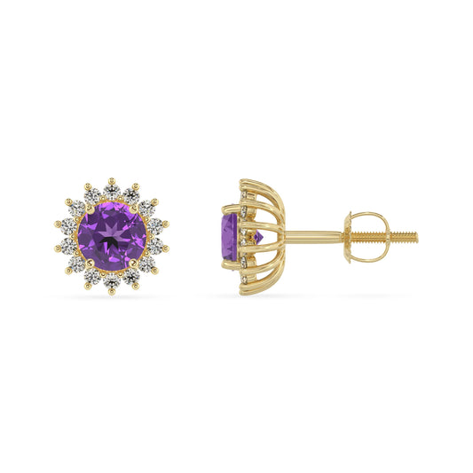 lab grown amethyst round stud earrings in yellow gold