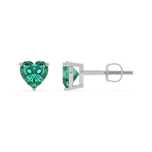 lab grown emerald heart stud earrings in white gold