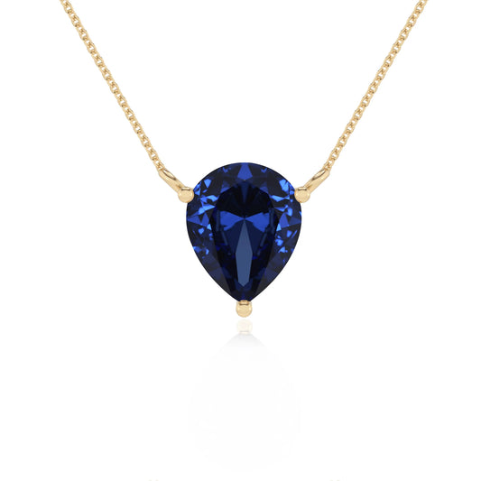 lab grown blue-sapphire pear solitaire necklaces in yellow gold