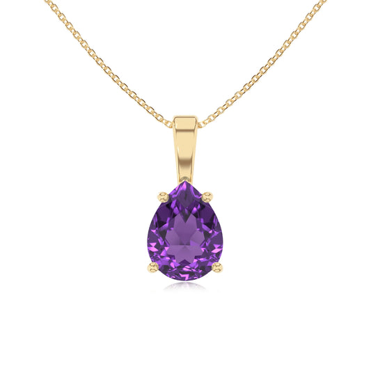 lab grown amethyst pear solitaire necklaces in yellow gold
