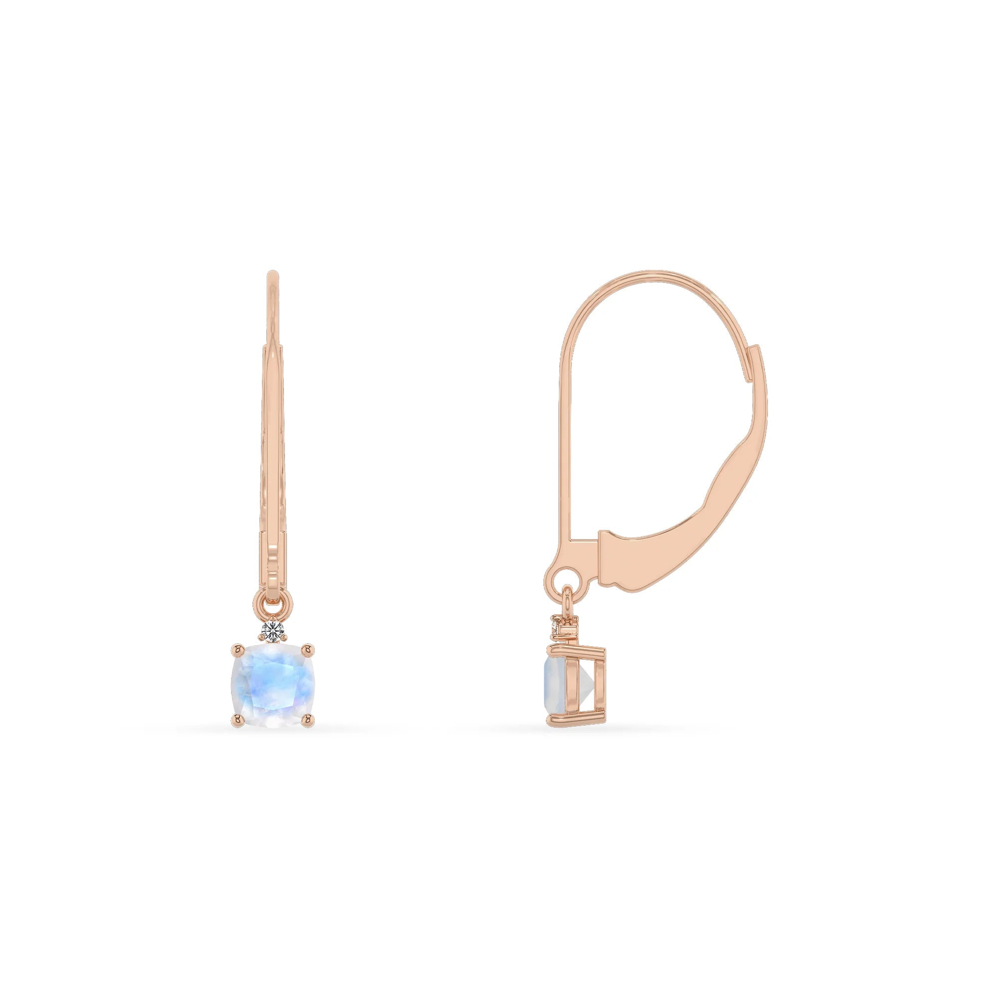 natural rainbow moonstone cushion drop earrings in rose gold