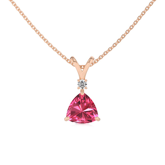 lab grown pink-tourmaline trillion solitaire v-bale necklaces in rose gold